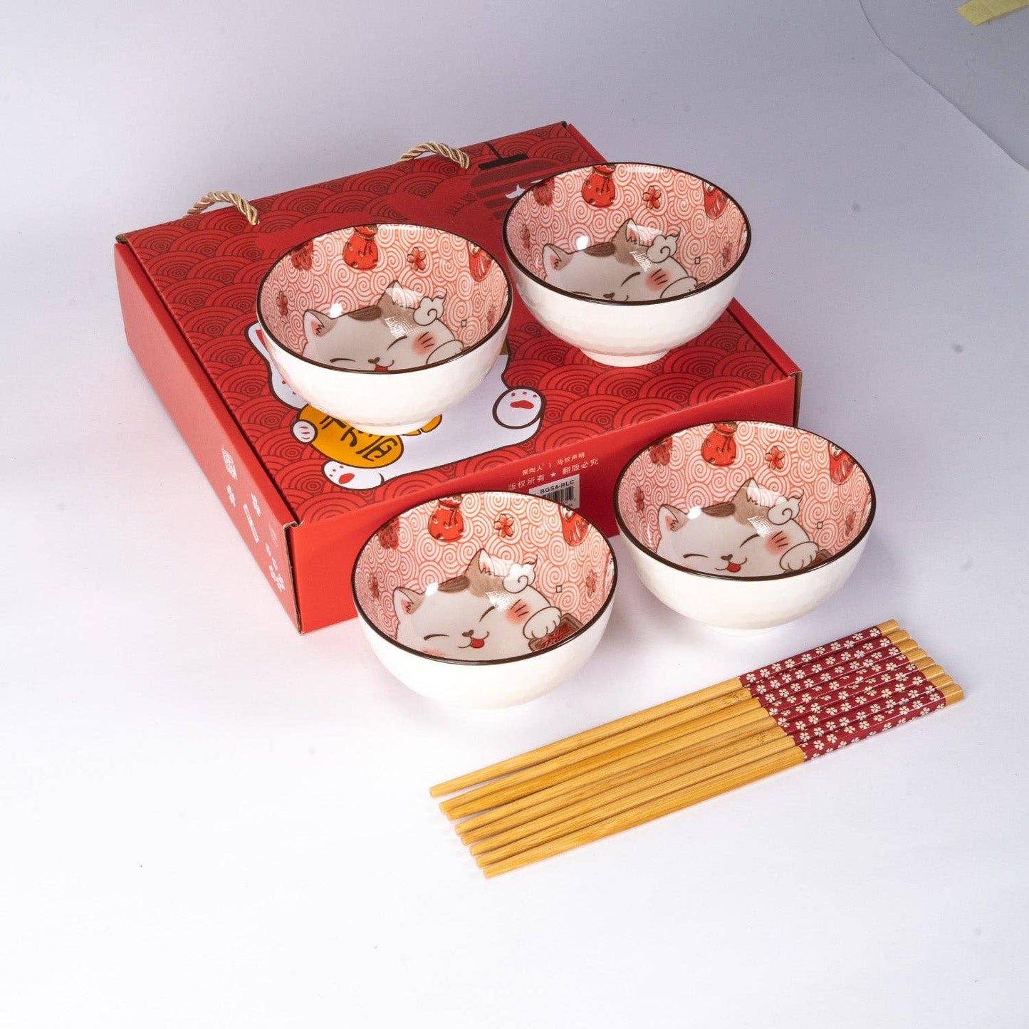 Lucky Cat rice bowl set shown from a side angle