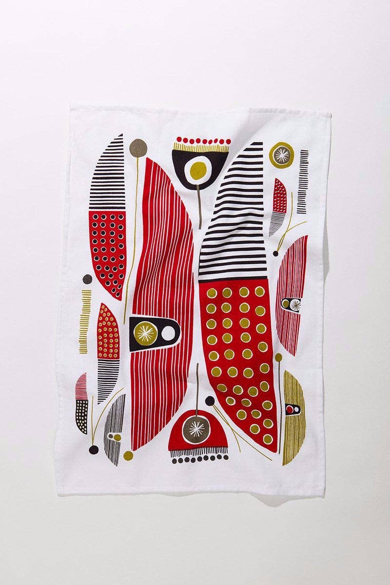 Canoes tea towel with mid century abstract red, gold and striped pattern - PABOOM