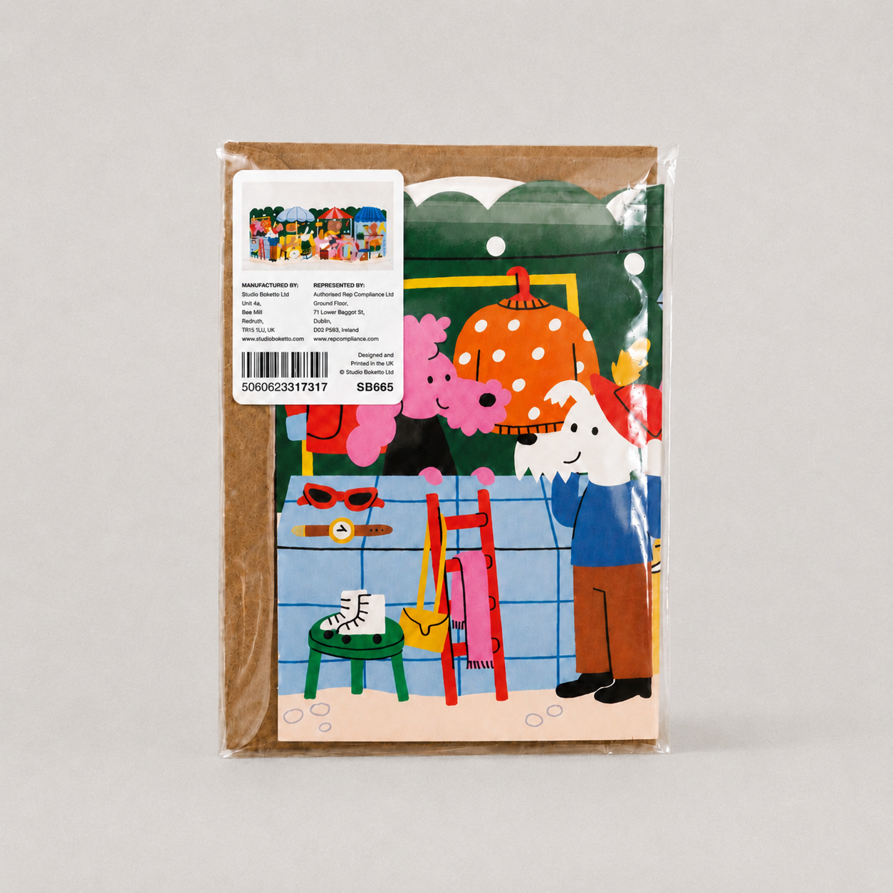 Close-up of the illustrated animal cyclist characters on the concertina card.