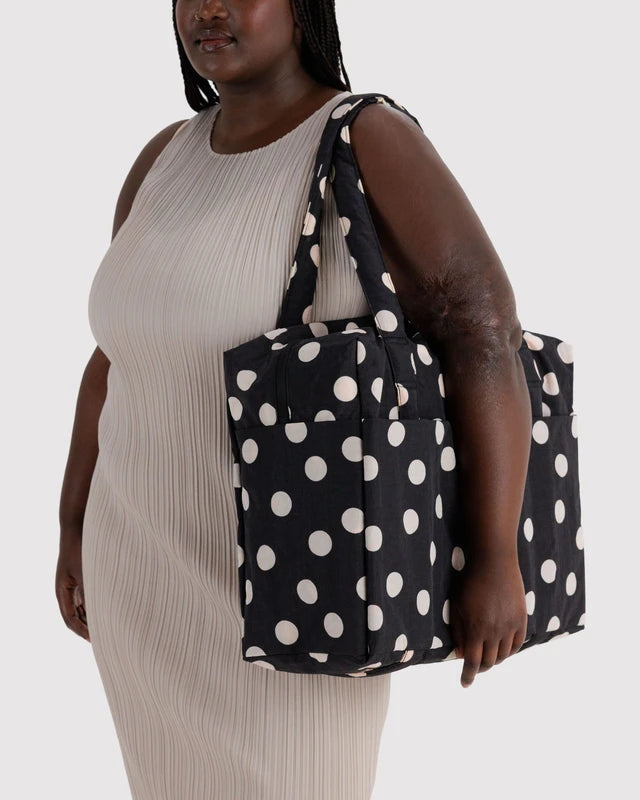 BAGGU Cloud Carry-on Black and Cream Polka Dot folded flat view - PABOOM