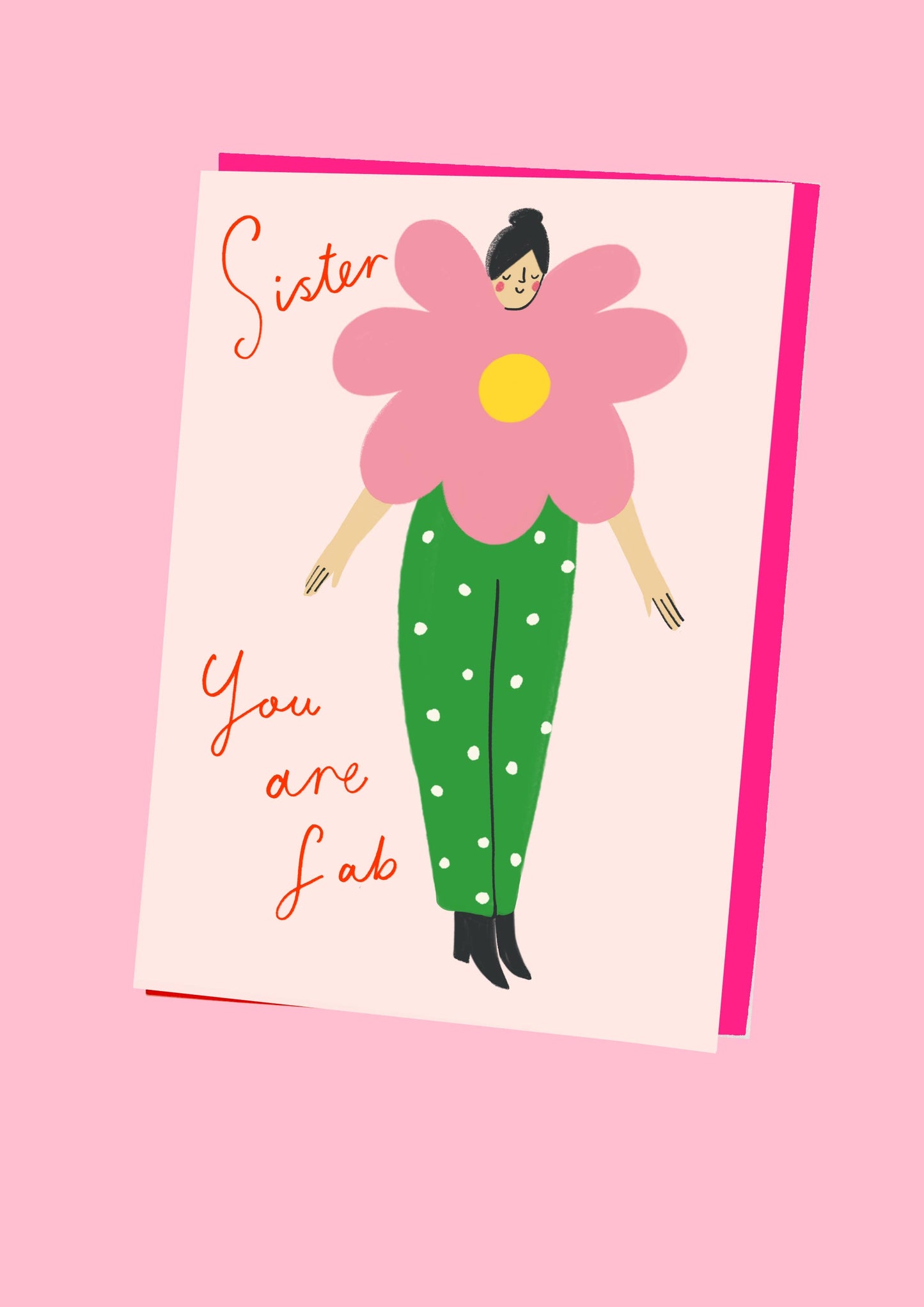 Kitty Kenda greeting card illustrating a flower-headed figure in polka-dot trousers with "Sister You Are Fab" text