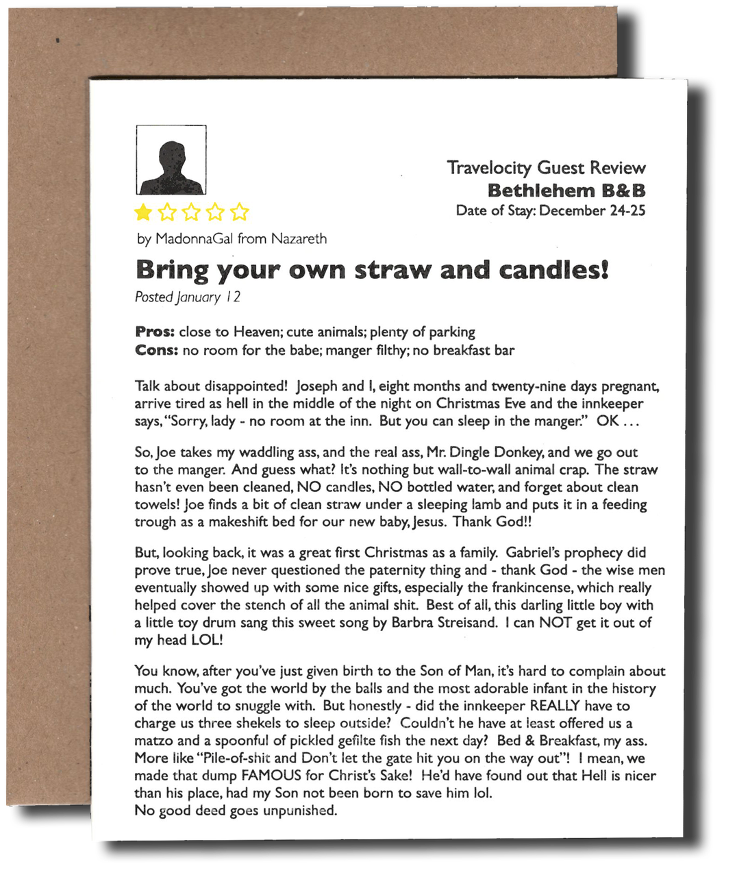 One Star Review letterpress card designed as a parody Travelocity review for 'Bethlehem B&B,' headlined 'Bring your own straw and candles!'