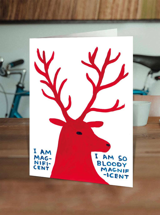 David Shrigley x Brainbox Candy Magnificent Deer Christmas card with red envelope - PABOOM