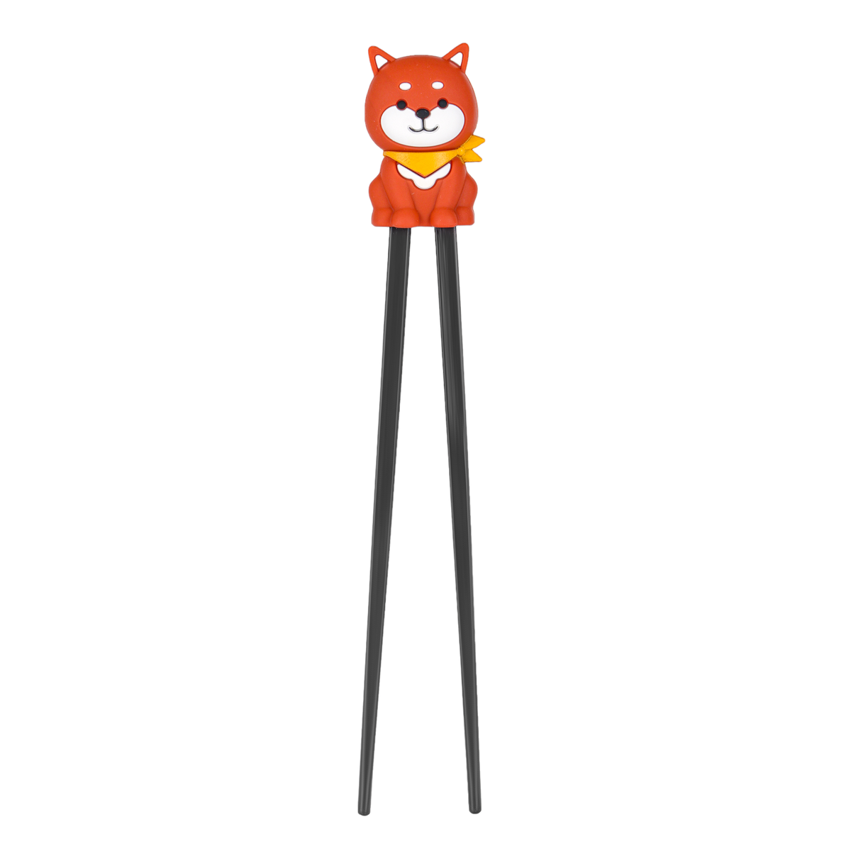 Black training chopsticks with an orange-brown Shiba Inu topper wearing a yellow bandana - PABOOM