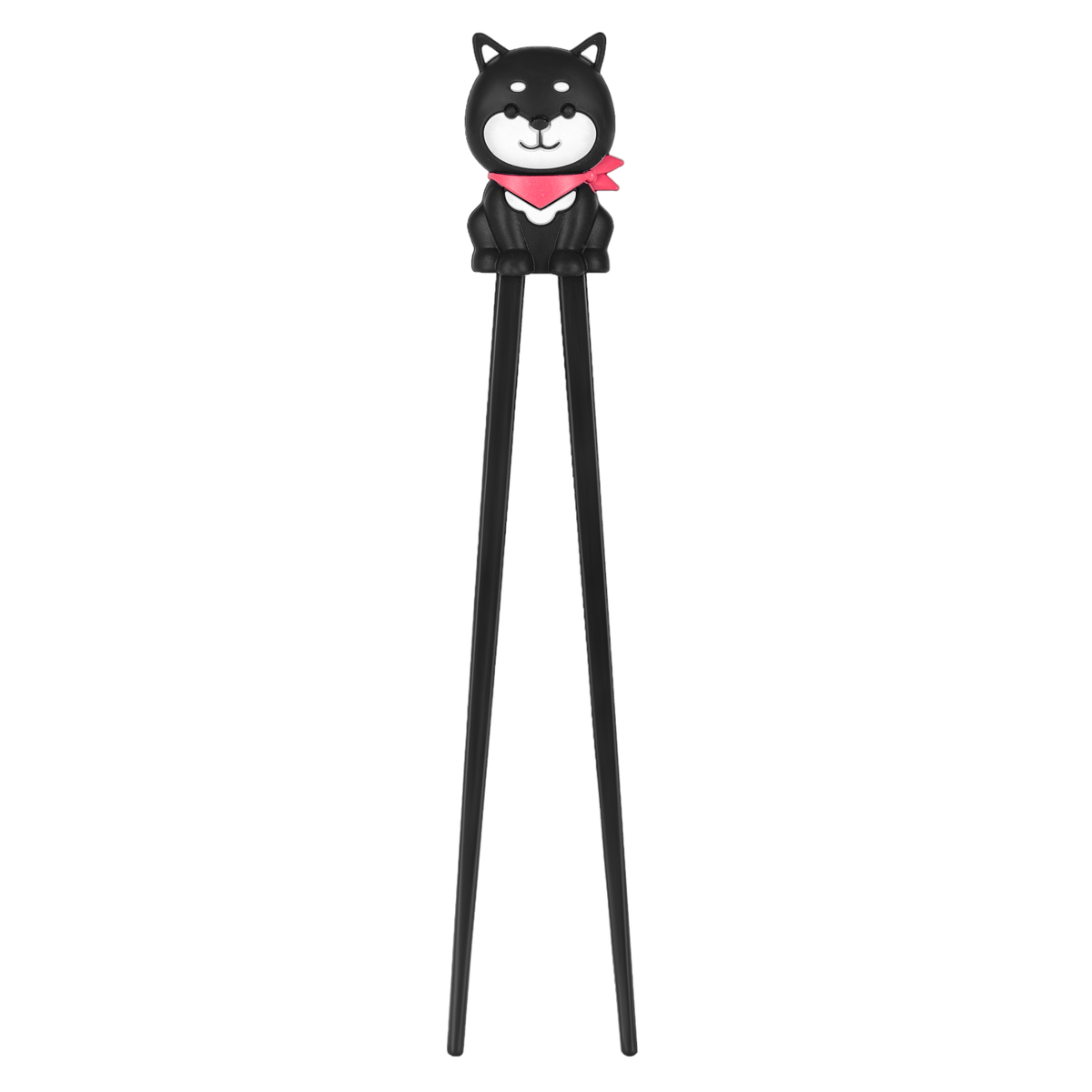 Black training chopsticks with a black-and-white Shiba Inu topper wearing a pink bandana - PABOOM