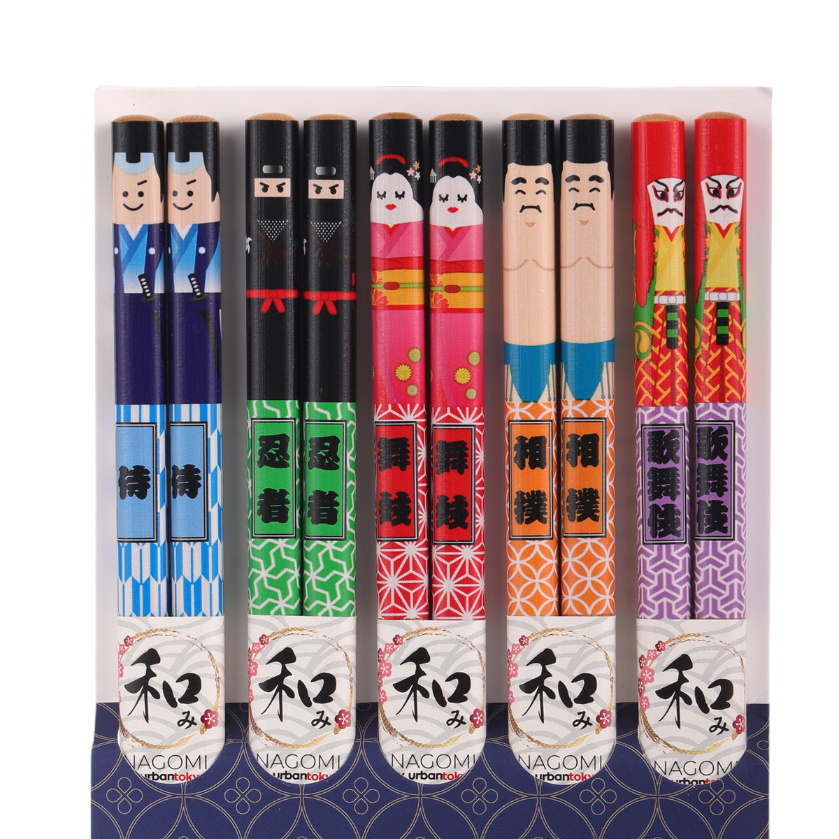 Five pairs of illustrated bamboo chopsticks with samurai, ninja, maiko, sumo, and kabuki characters - PABOOM