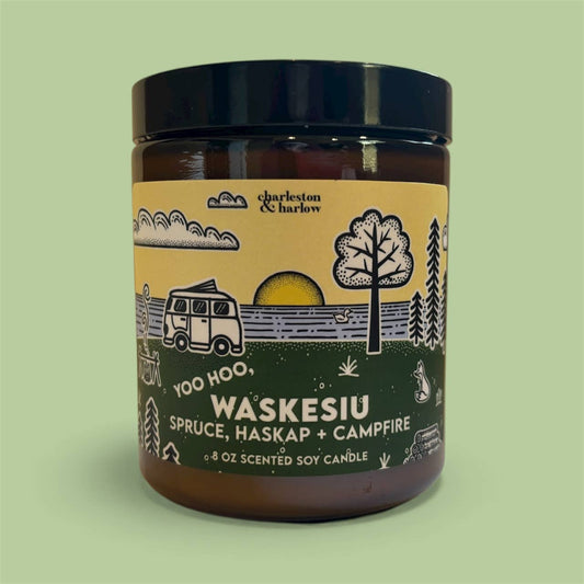 Charleston & Harlow Waskesiu candle label close-up