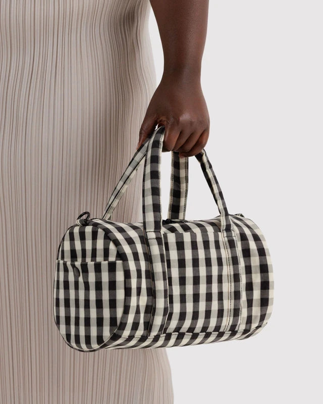 BAGGU Nylon Duffle Bag Black and Cream Gingham strap and hardware detail - PABOOM
