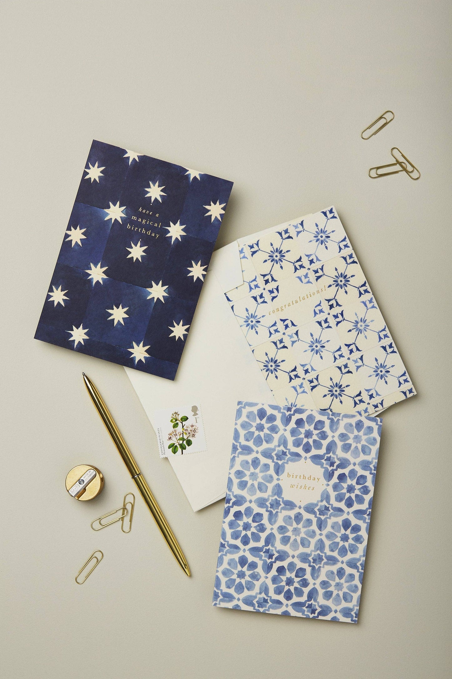 Navy Stars Magical Birthday card paired with its navy envelope