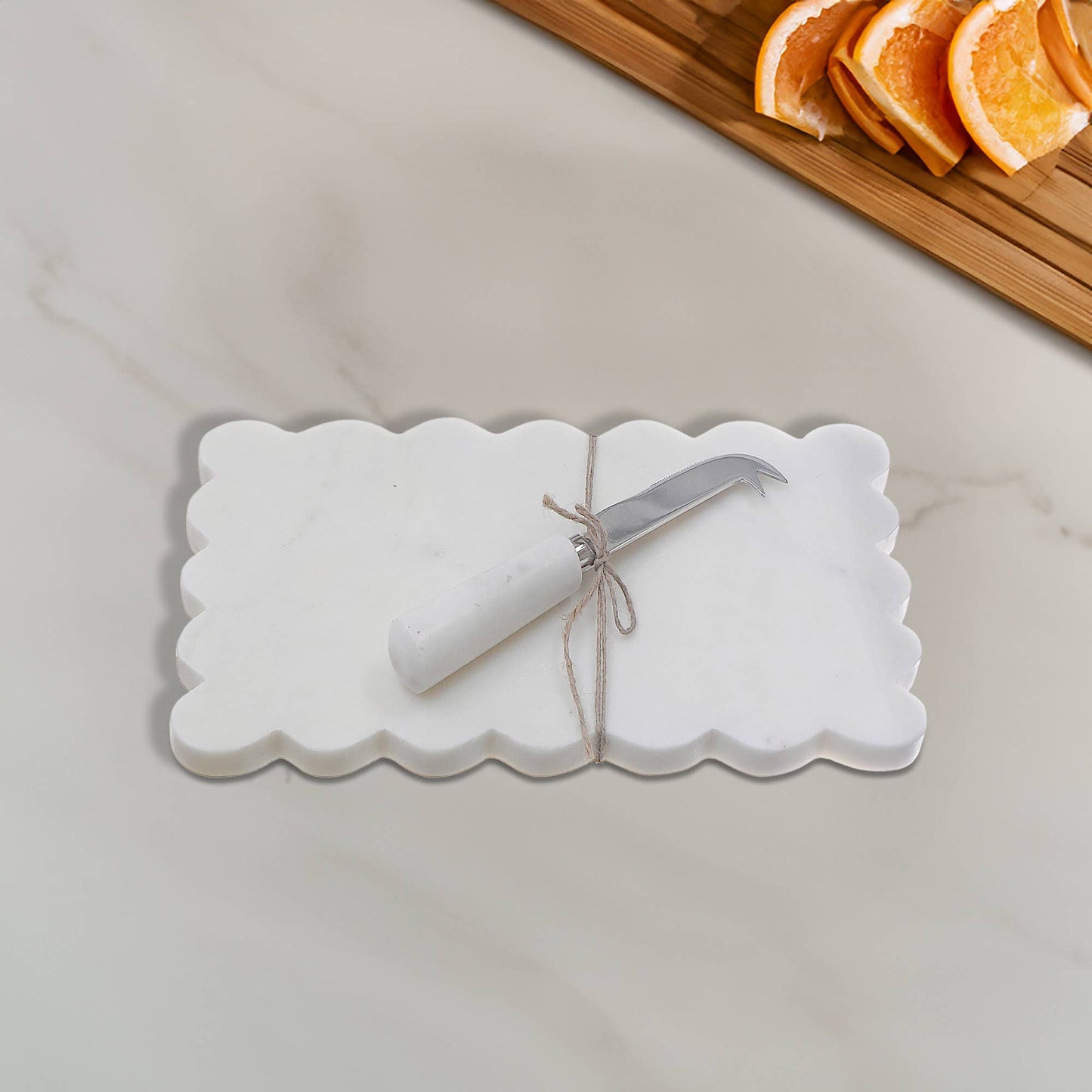 White Rectangle Scallop Marble Cheese Board + Spreader