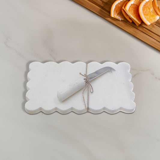 White Rectangle Scallop Marble Cheese Board + Spreader