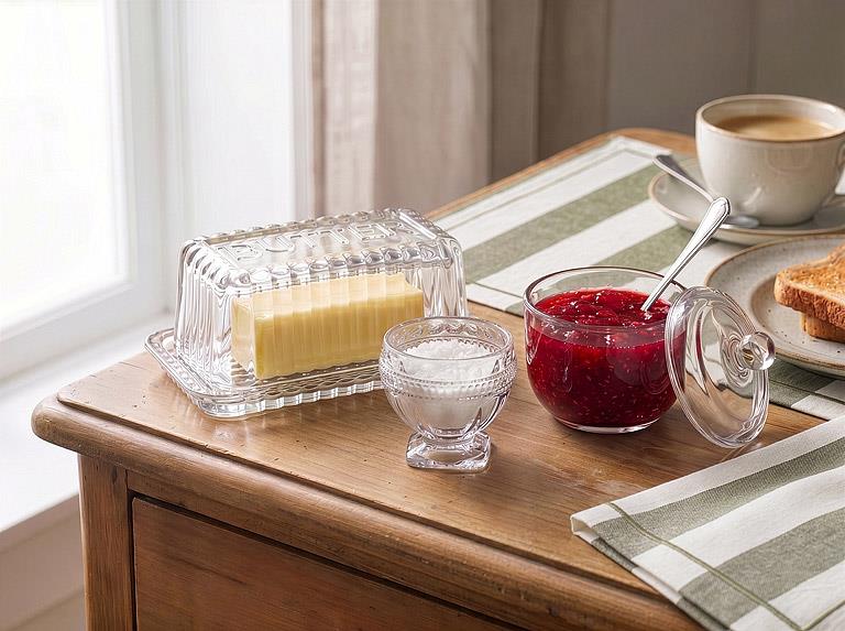 Clear glass rectangular butter dish, additional angle