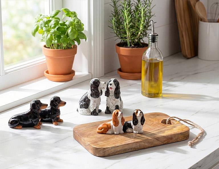 Black and brown ceramic dachshund salt and pepper shakers, additional angle