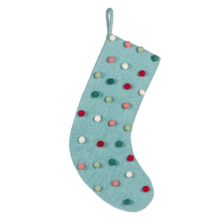 Aqua wool felt Christmas stocking covered in pompoms, 20 inches long