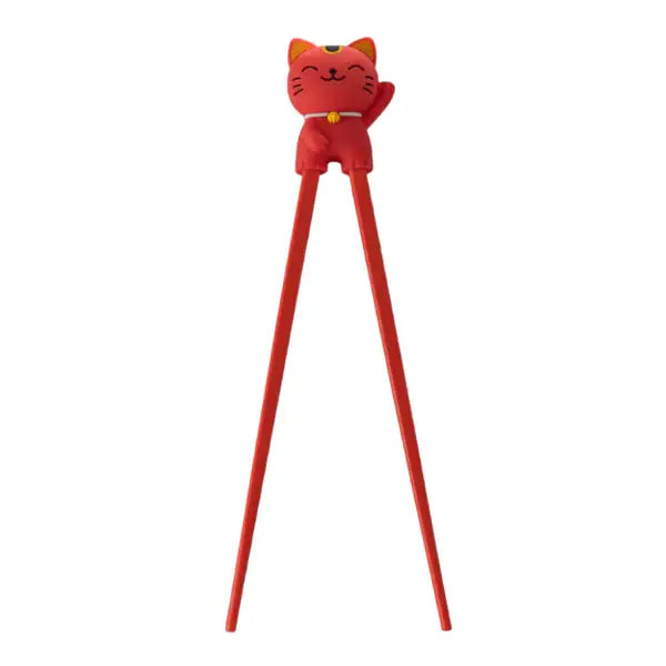 Red training chopsticks with a red waving lucky cat topper - PABOOM