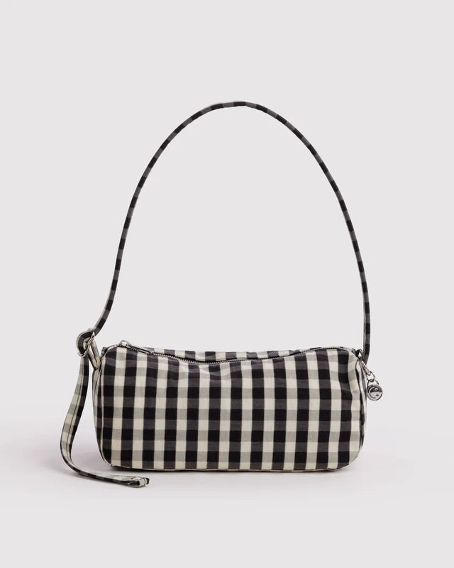 BAGGU Nylon Loaf Bag in Black and Cream Gingham with metal smiley charm on charm loop - PABOOM