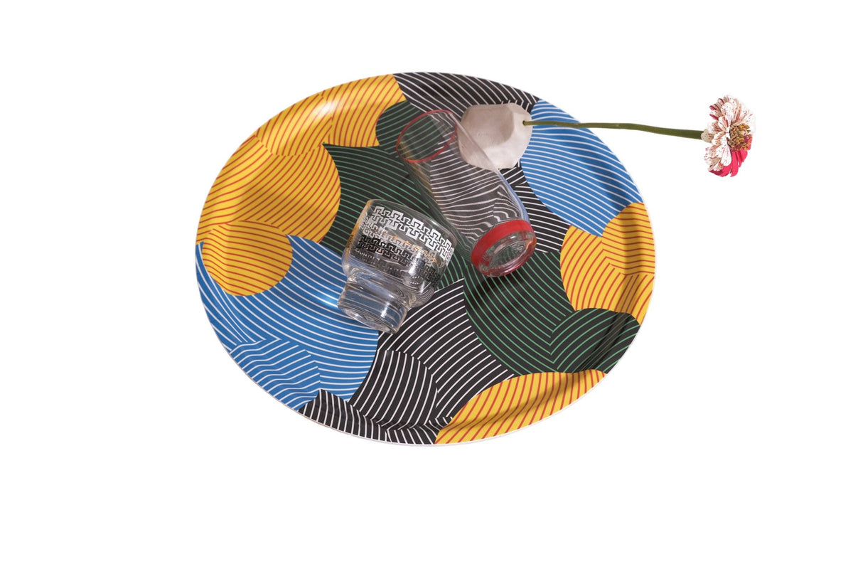 Planets design birchwood tray styled with tableware - PABOOM