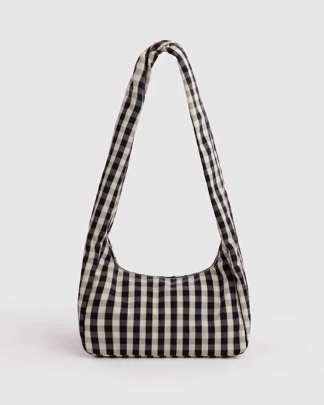 BAGGU Nylon Meringue Bag in black and cream gingham with structured twist strap - PABOOM