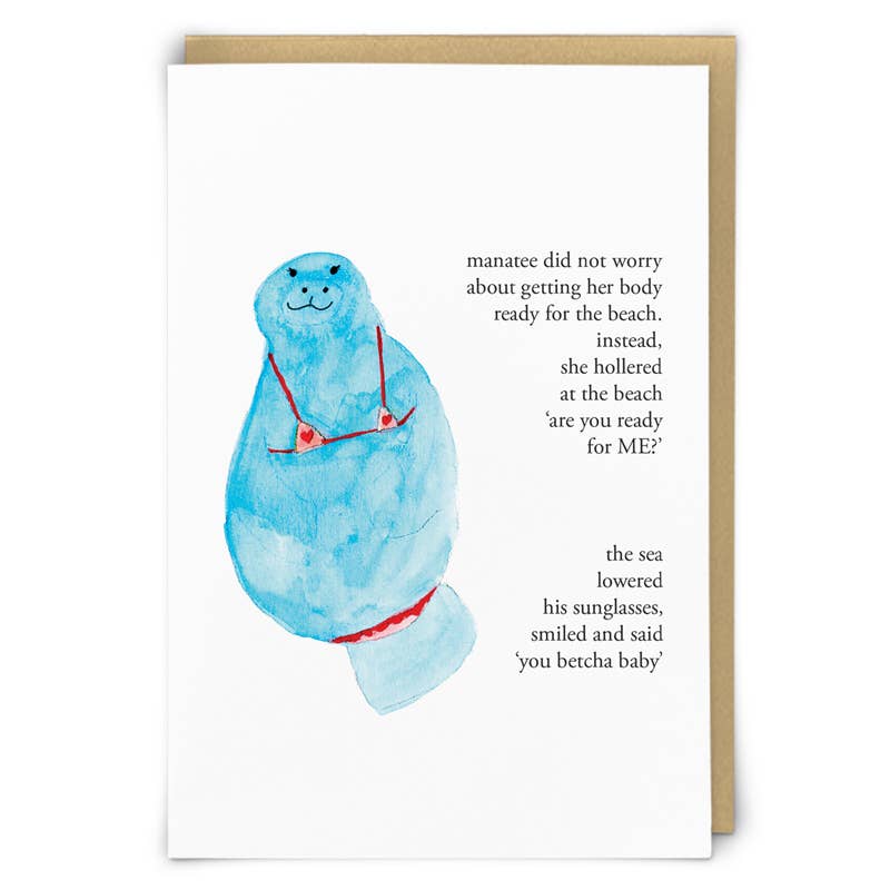 Zeppelinmoon card with a watercolour blue manatee in a red bikini beside the 'you betcha baby' poem - PABOOM