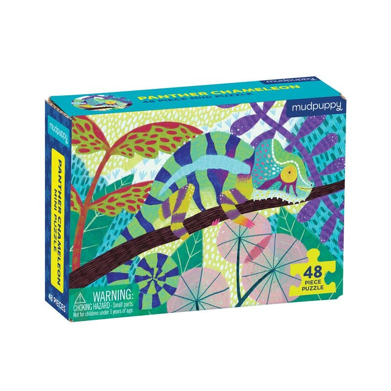 Panther Chameleon 48 piece mini puzzle box with a striped chameleon on a jungle branch - PABOOM
