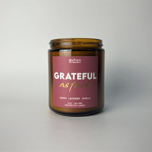Charleston & Harlow Grateful As Fuck candle lid close-up