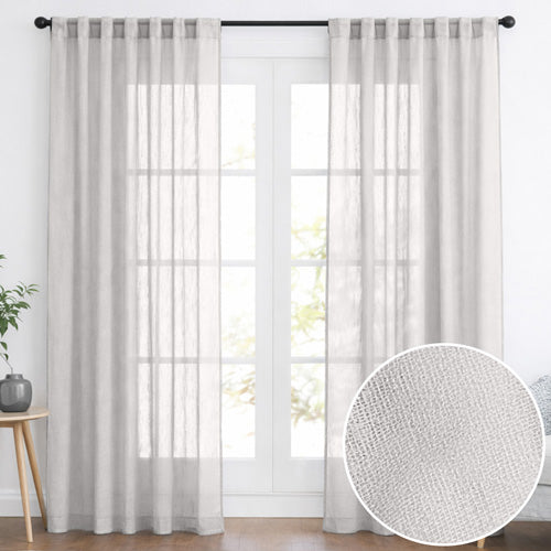 Natural sheer weave curtain panels in a bright window with woven texture close-up - PABOOM