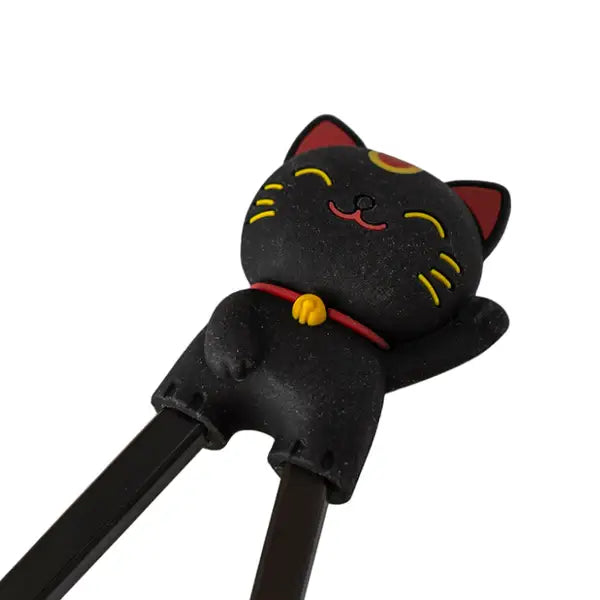 Black maneki-neko training chopsticks, alternate view - PABOOM