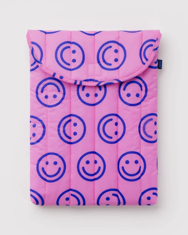 BAGGU Puffy Laptop Sleeve 16" in pop pink happy smiley print with velcro flap closure - PABOOM
