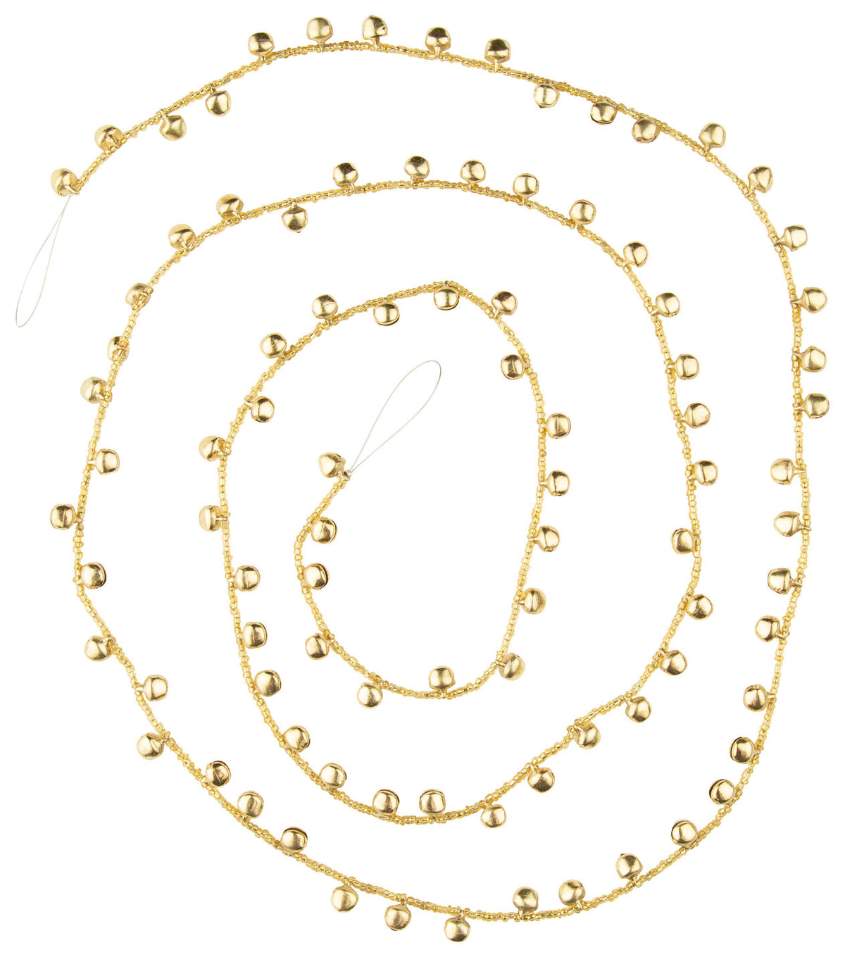 Gold mini jingle bell and glass bead garland coiled on a white background - PABOOM