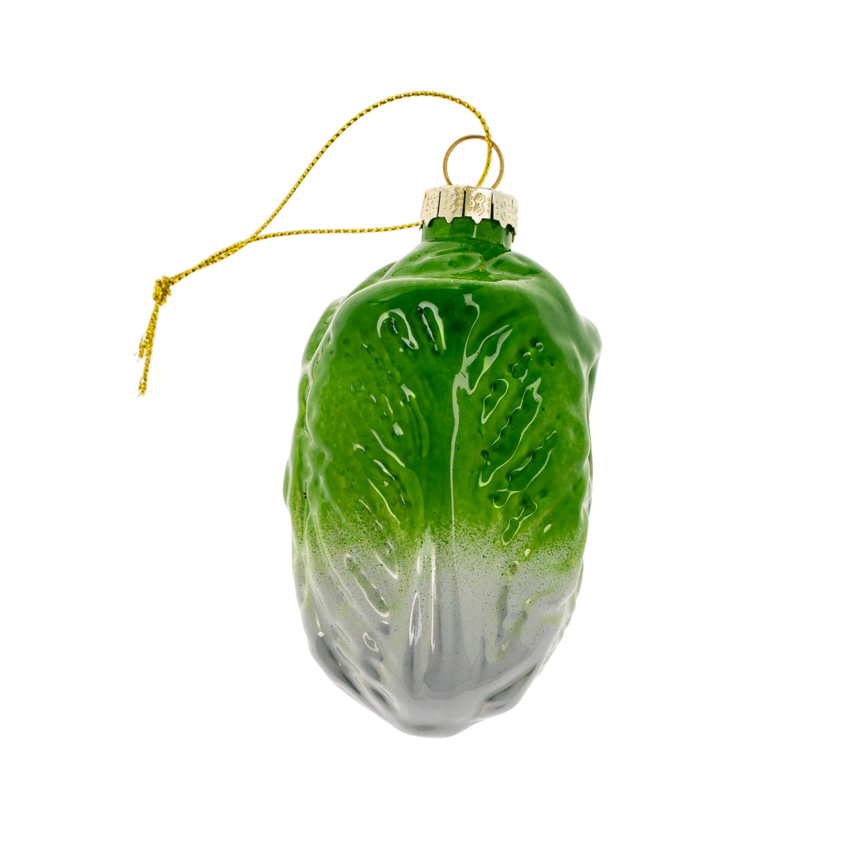 Glossy green glass ornament shaped like a head of romaine lettuce with a gold hanging cord