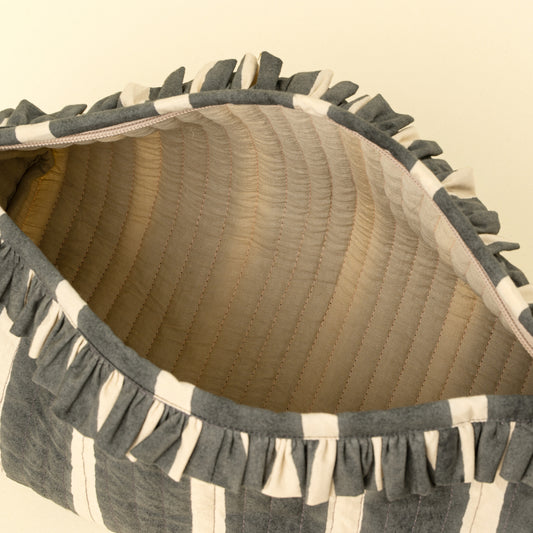Block Print Stripe Pouch in Charcoal shown from a side angle