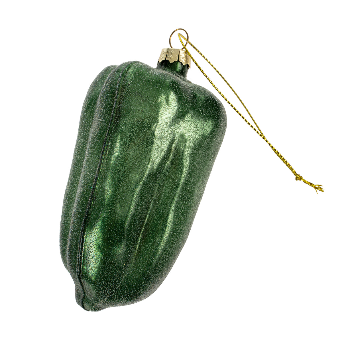 Glossy green glass ornament shaped like a bell pepper with a gold hanging cord