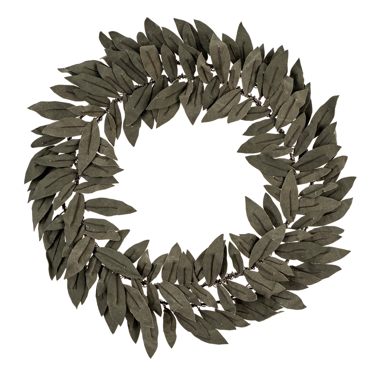 Wreath of dark olive-green canvas leaves with hand-stitched iron wire detailing
