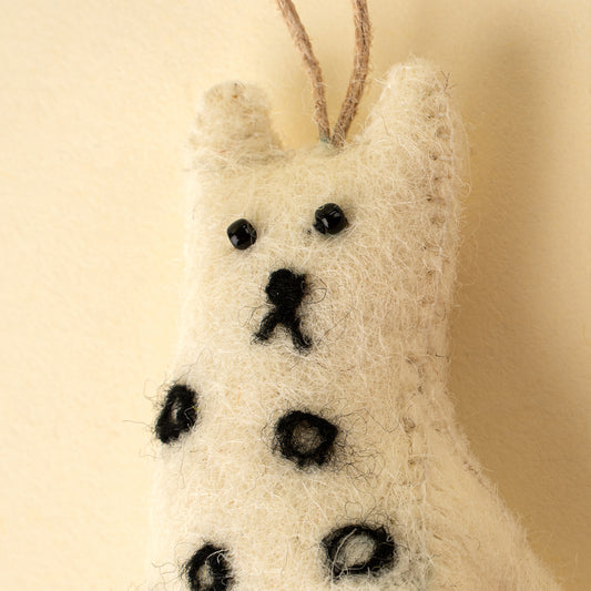 Curious Cat Felt Ornament, Spotted, hanging by its cord