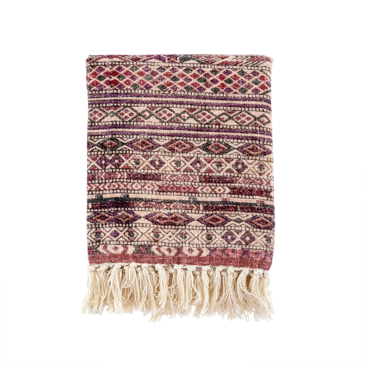 Maroon and cream tribal-print woven throw with hand-knotted fringe