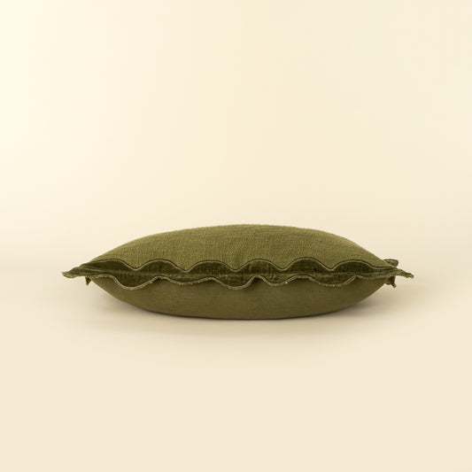 Velvet Scallop Pillow in Moss styled on a sofa