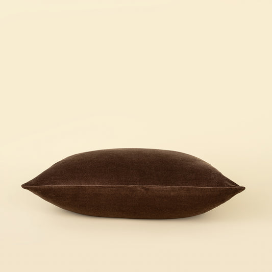 Vera Luxe Velvet Pillow in Clove styled on a sofa