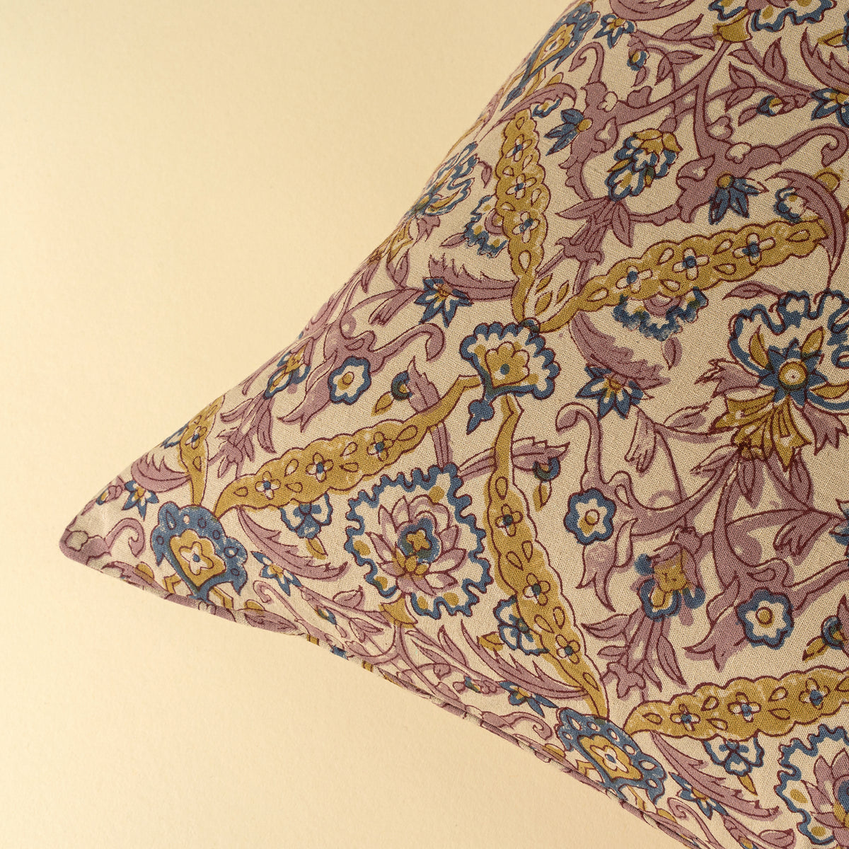 Close-up of the block printed pattern on the square Luna Vine Block Print Pillow