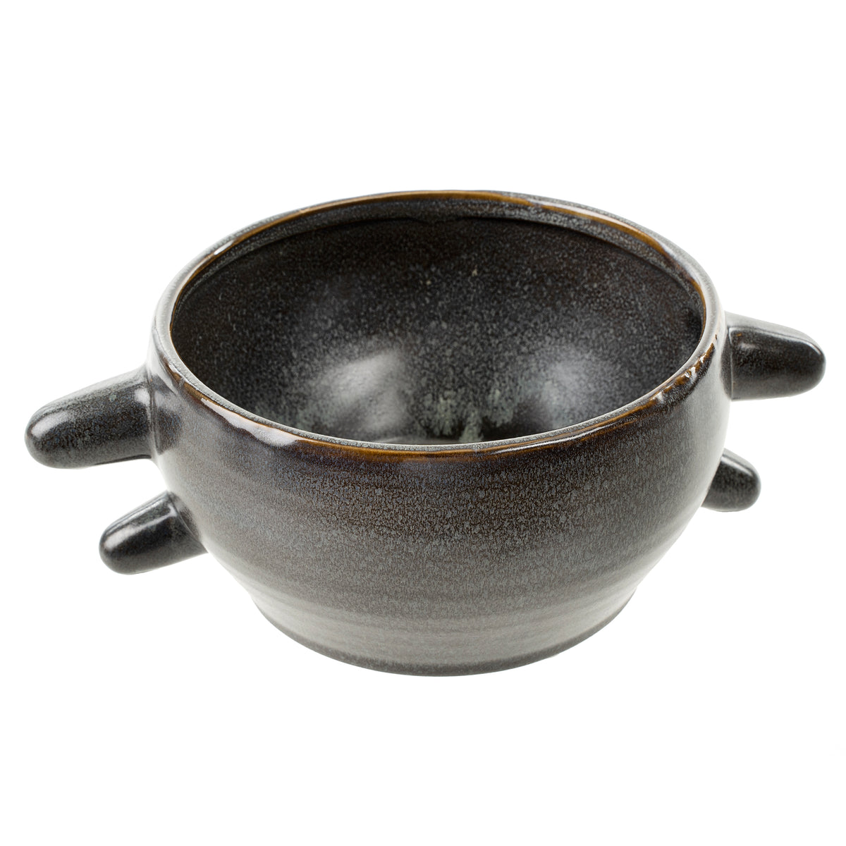 Dark speckled glazed ceramic pot with four sculptural pinched handles around the rim