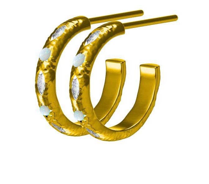 Opal Jewelled Textured Hoop Earrings - Gold