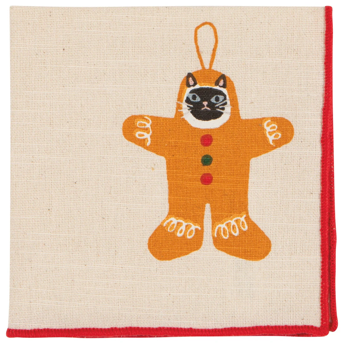 Bauble Cats napkin close-up showing the embroidered candy cane ornament motif - PABOOM