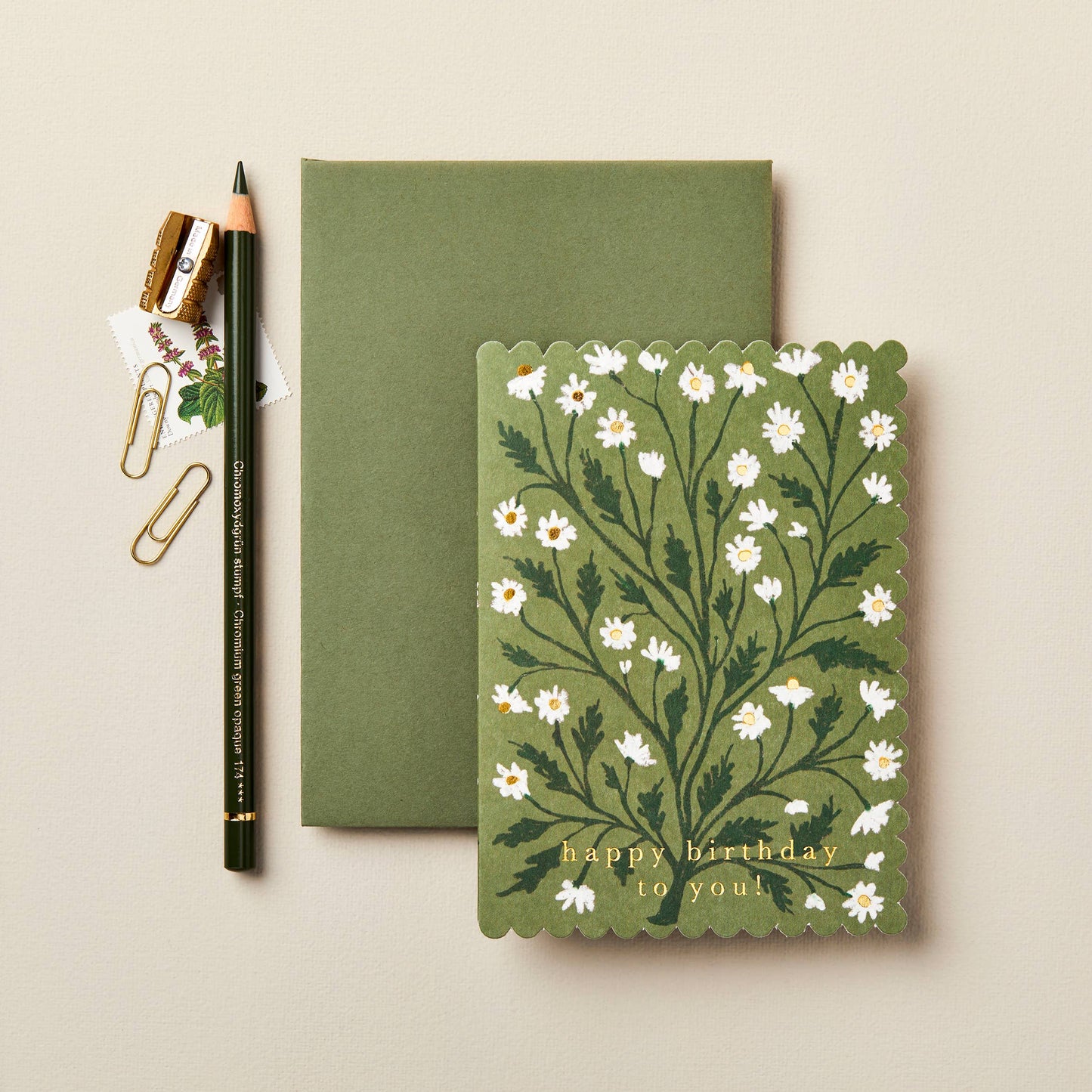 Green scalloped birthday card covered in white daisies with gold foil centers, paired with a green envelope