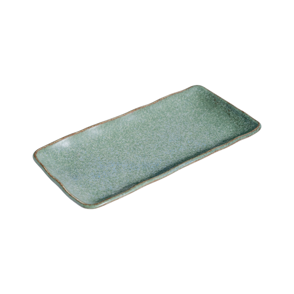 Speckled moss-green rectangular porcelain platter with a brown rim - PABOOM