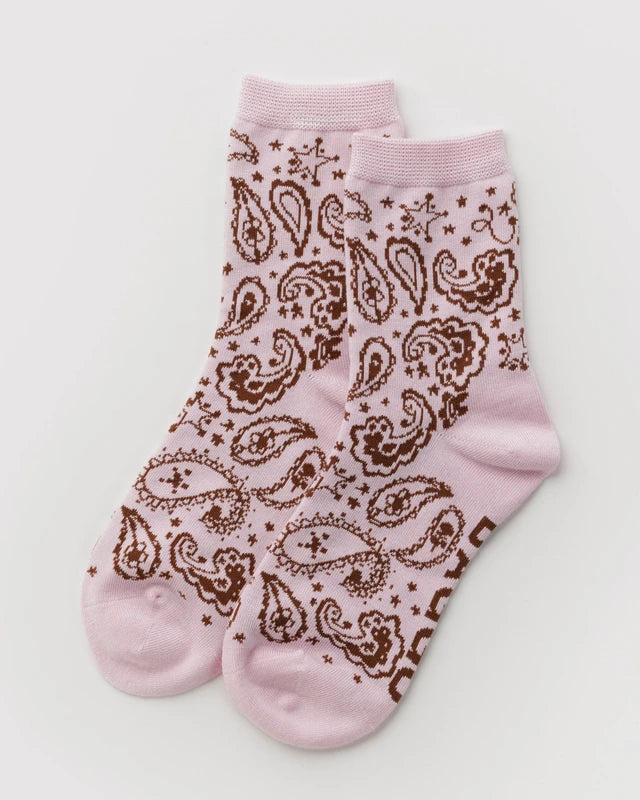 BAGGU Crew Sock pair in paisley pink bamboo rayon print - PABOOM