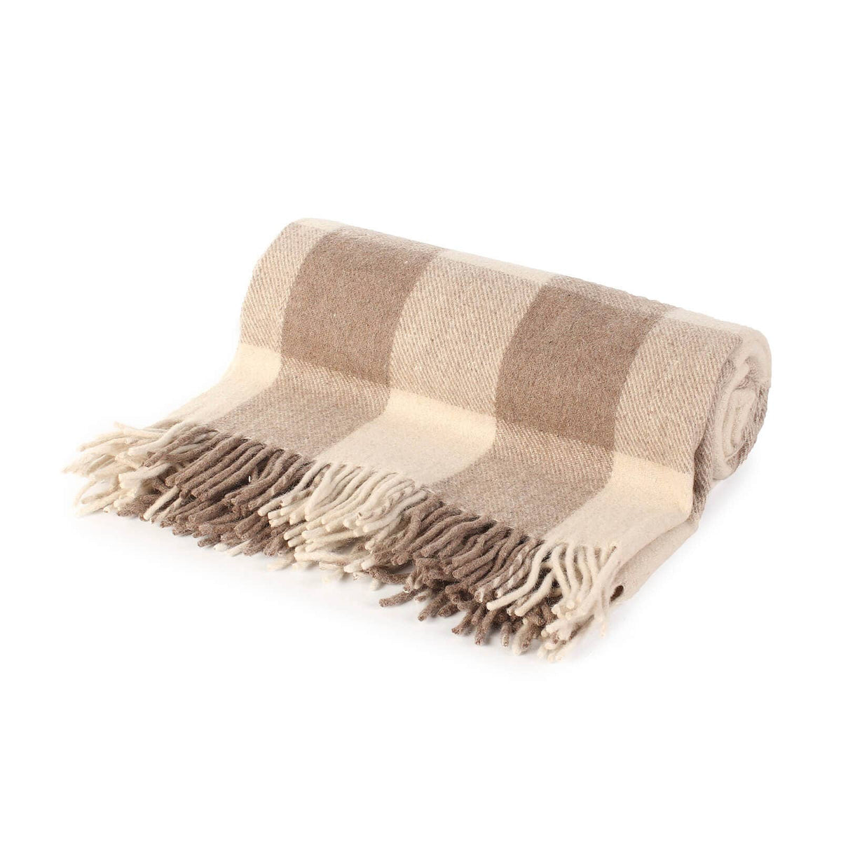 Rolled Jacob tartan wool throw blanket in oatmeal, taupe and cream block plaid with fringed edge - PABOOM