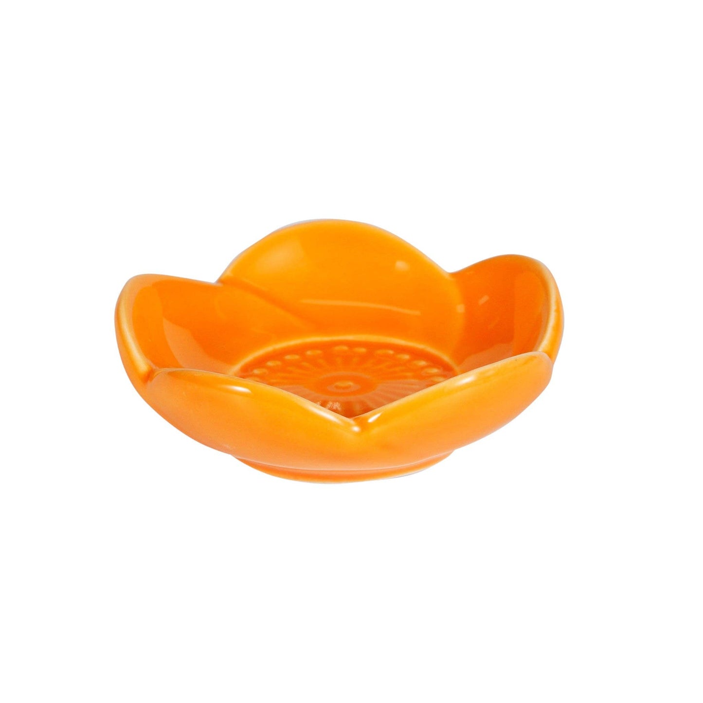 Glossy orange porcelain sauce dish shaped like a five-petal cherry blossom flower