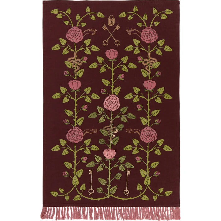 Burgundy dishtowel embroidered with climbing pink roses, keys, and a lock motif with a fringed bottom edge β PABOOM