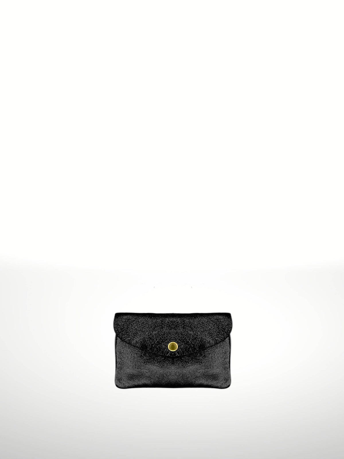 Katia Plus Laminated Suede Leather Wallet in Black β snap-flap envelope pouch with metallic textured finish, shown flat on white background