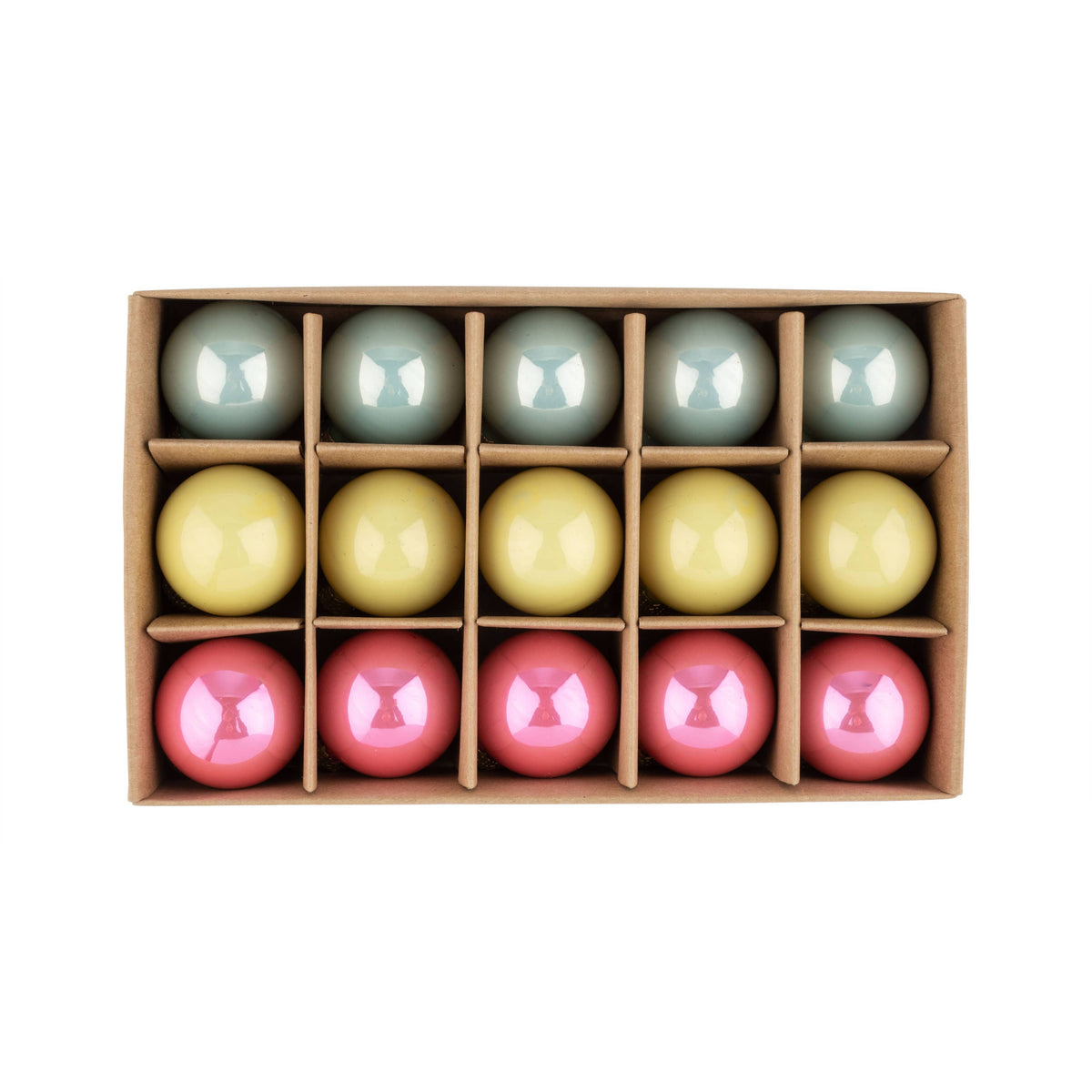 Set of 15 mini glass ball ornaments in sage green, yellow, and pink in a kraft gift box - PABOOM