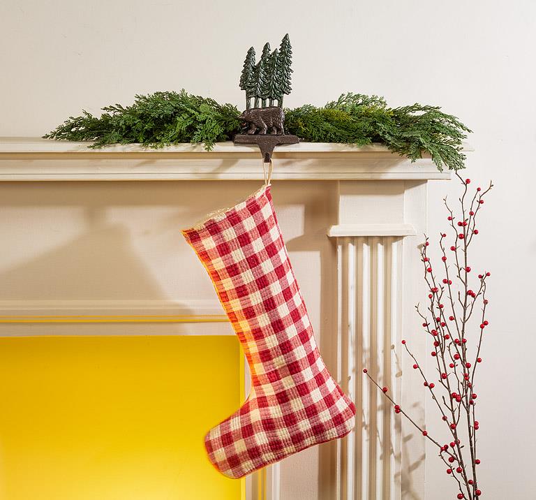 Large red and white gingham check Christmas stocking, additional angle